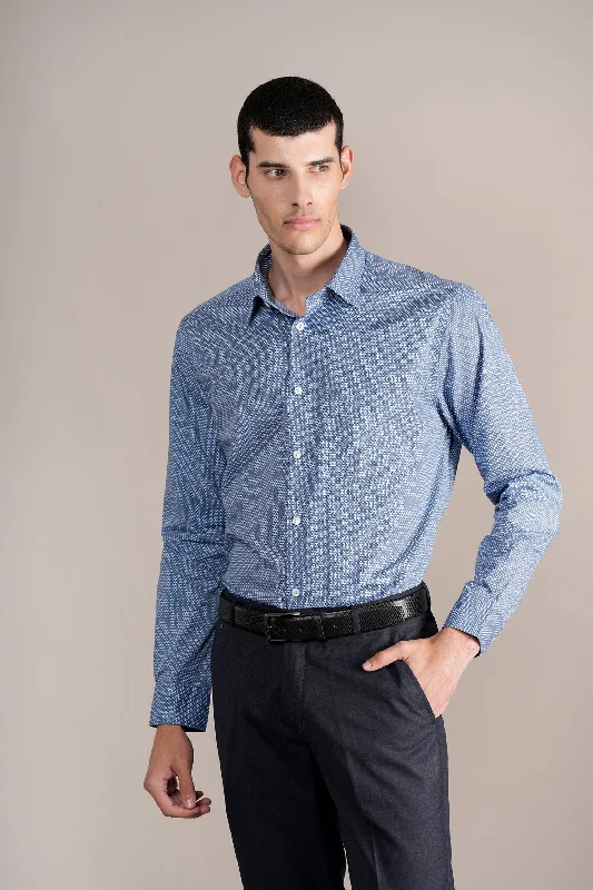 Men's Blue Printed Full Sleeves Formal Shirt