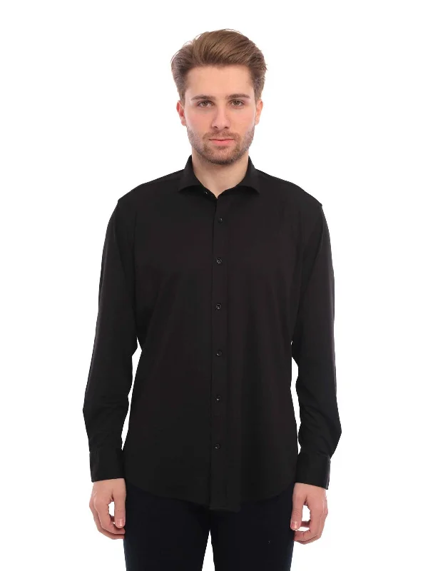 Enzo Liberti Mens Solid Black Modern Fit 100% Cotton Jersey Dress Shirt