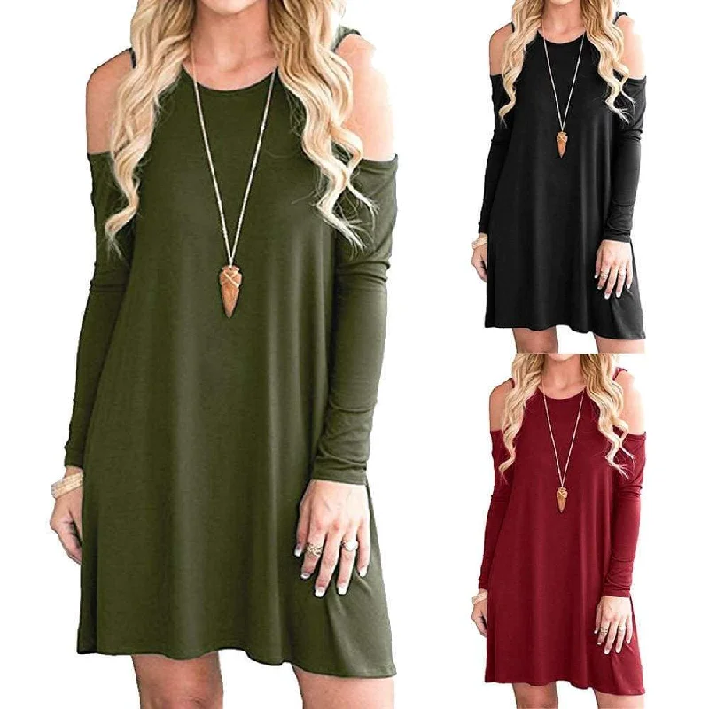 Women Casual Off Shoulder Round Neck Dress Ladies Long Sleeve Mini Dress