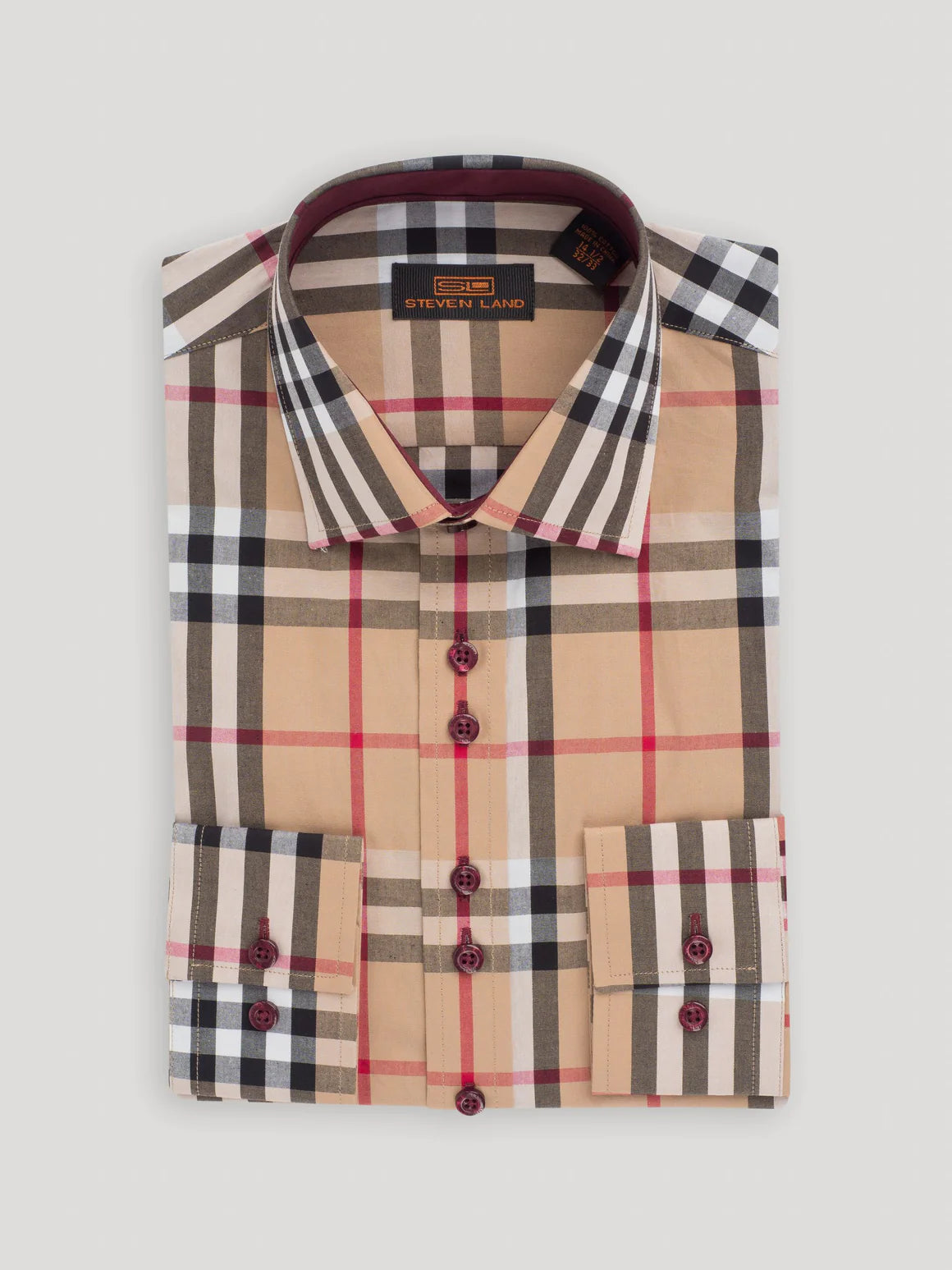 Steven Land Mens Classic Fit Khaki & Red Plaid 100% Cotton Dress Shirt