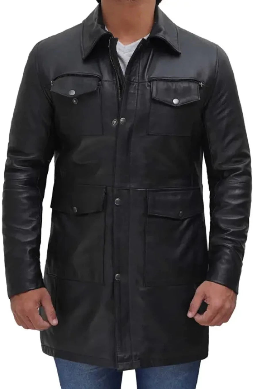 Mens Black Leather Car Coat