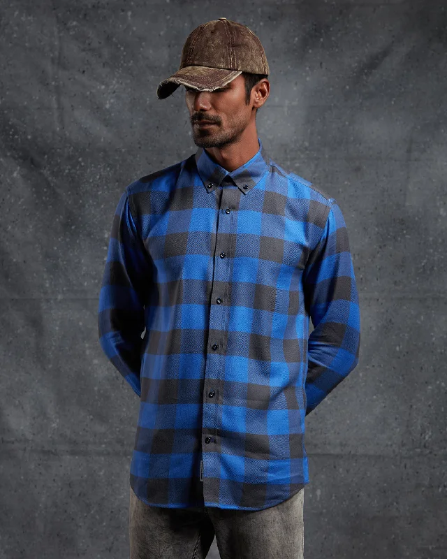 Wool Sweaters Brushed Twill Checked Shirt - Blue & Black