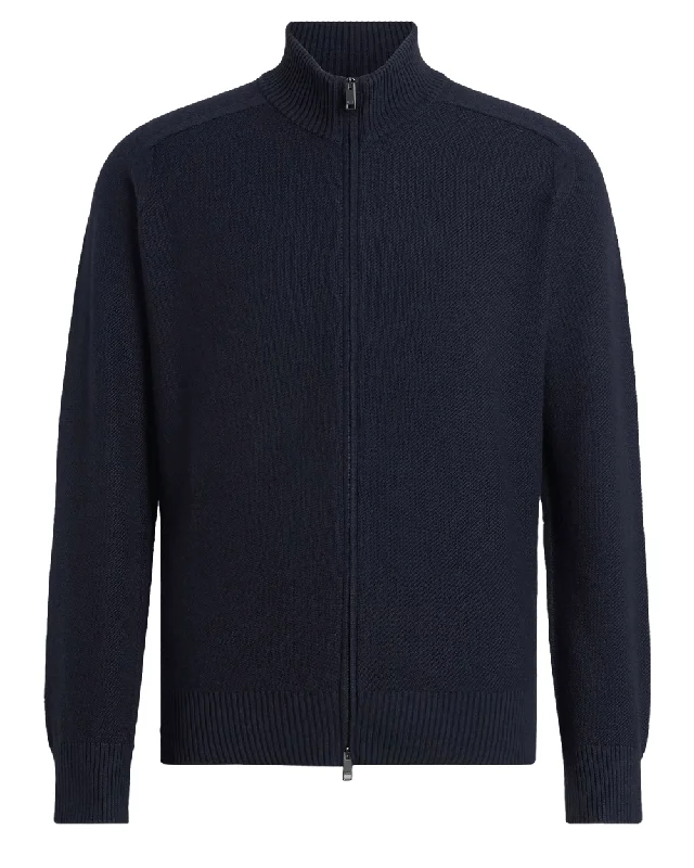 Textured Navy Full Zip Sweater