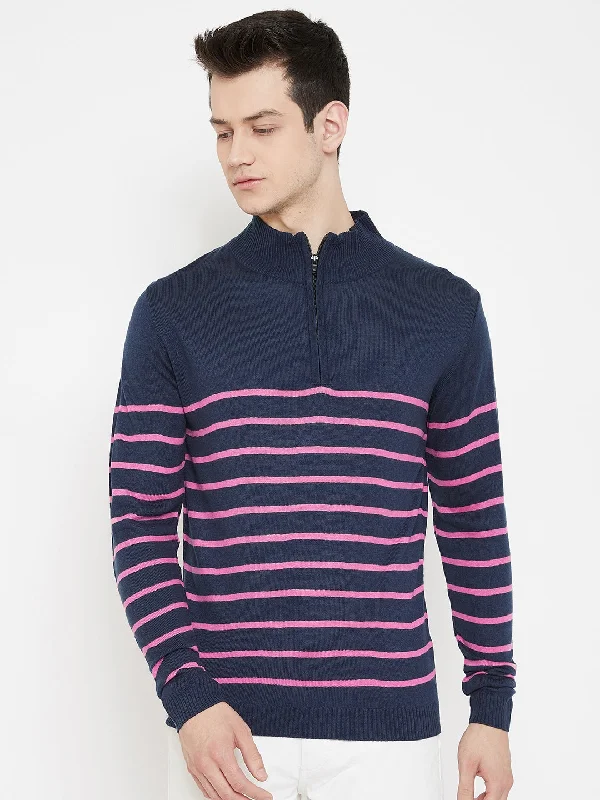 JUMP USA Men Navy Blue Striped Mock Collar Casual Pullover