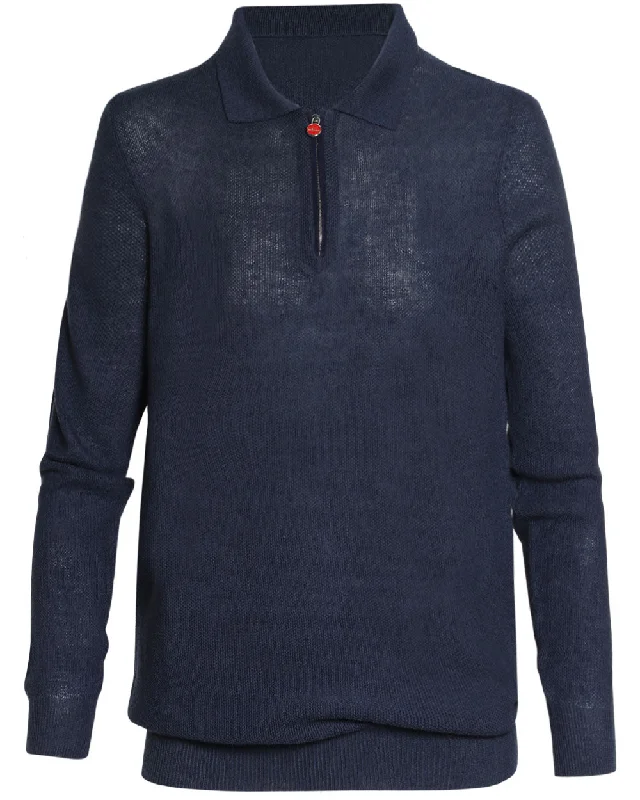 Navy Linen Blend Knit Quarter Zip Sweater